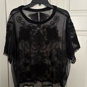 Anthropologie Black Sheer Embroidered Top